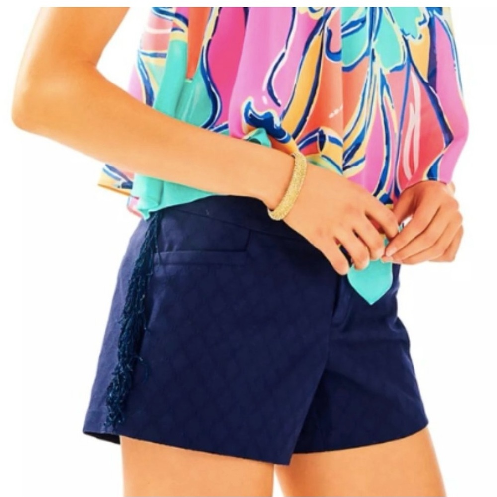 LILLY PULITZER true navy jacquard Ellie fringe shorts, Size 12, EUC.